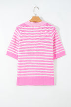 Black stripe short sleeve knit sweater with V-neck and bow knot detail, from Dear-Lover, made of cotton and acrylic.