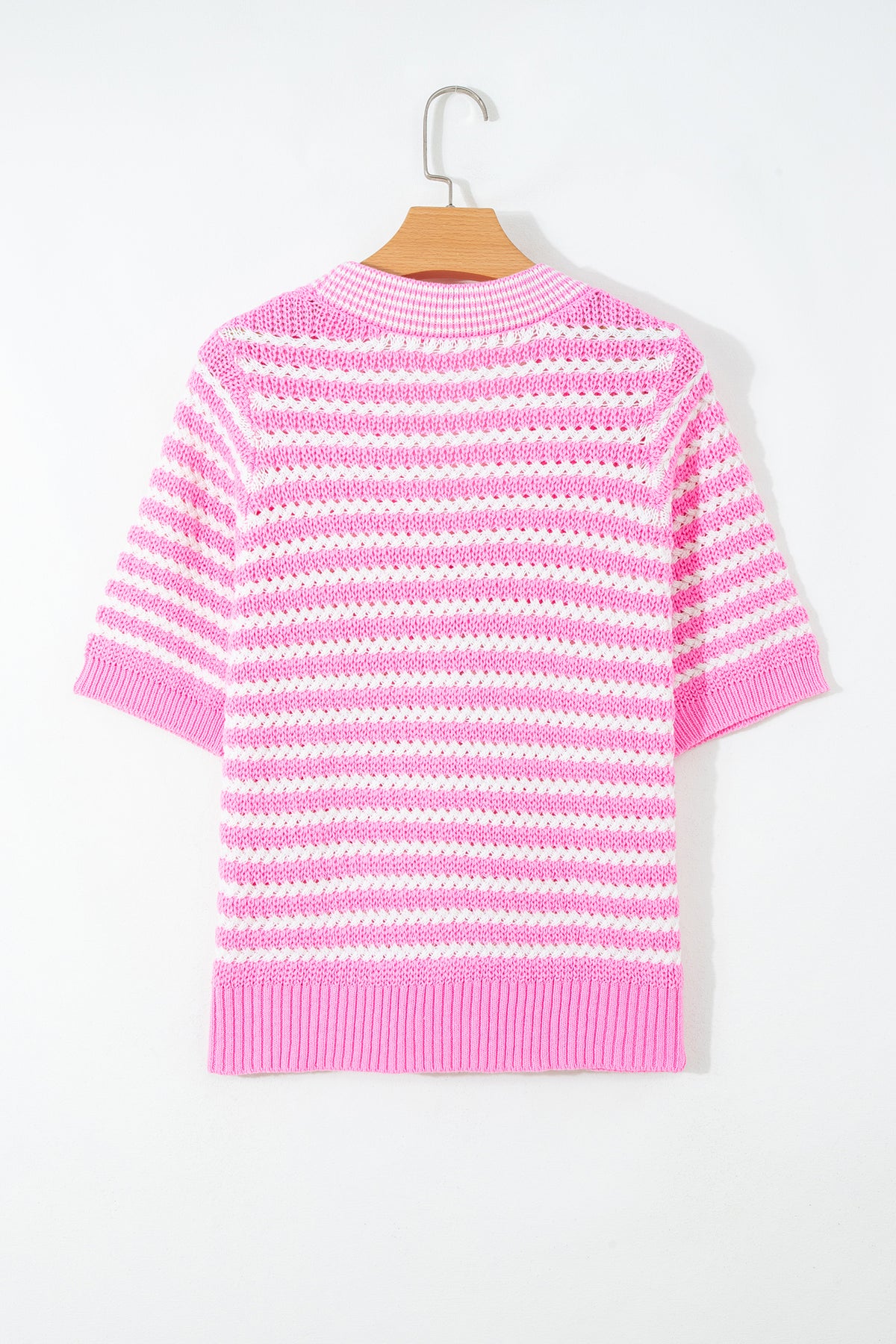 Black stripe short sleeve knit sweater with V-neck and bow knot detail, from Dear-Lover, made of cotton and acrylic.