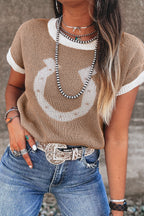 Dear-Lover goat horse shoe pattern short sleeve sweater with contrast trim, made from 100% viscose, casual and stylish.