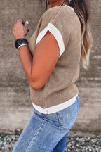 Dear-Lover short sleeve sweater with goat and horse shoe pattern, contrast trim, made of 100% viscose, stylish and comfortable.