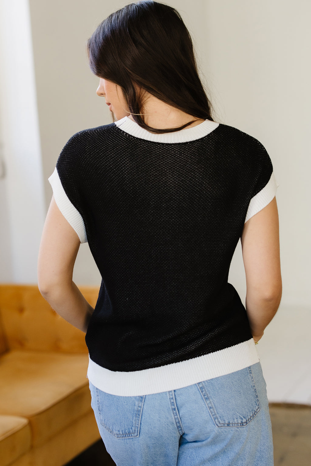 Dear-Lover short sleeve sweater with goat and horse shoe pattern, contrast trim, lightweight viscose fabric, casual sweater for women.