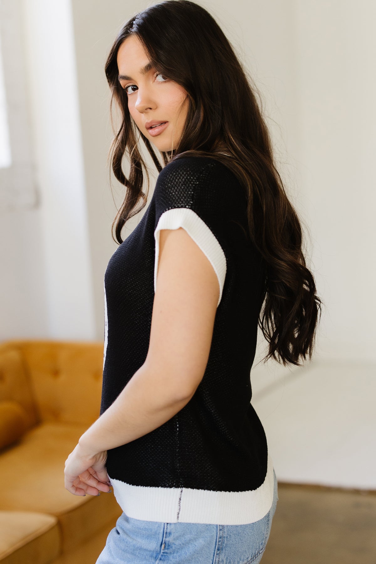 Dear-Lover short sleeve sweater with goat and horse shoe pattern, contrast trim, lightweight viscose material, stylish casual sweater.