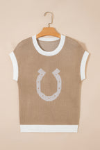 Short sleeve sweater by Dear-Lover with goat and horse shoe pattern, contrast trim, made from 100% viscose, stylish and comfortable.