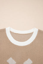 Dear-Lover short sleeve sweater with goat and horse shoe pattern, contrast trim, lightweight viscose fabric, casual style.