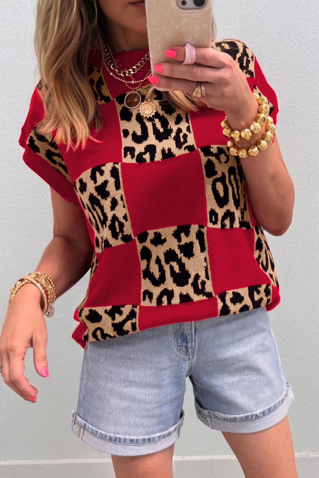 Green leopard checkerboard short sleeve knit sweater by Dear-Lover, featuring a casual, stylish design in viscose, polyester, and polyamide.