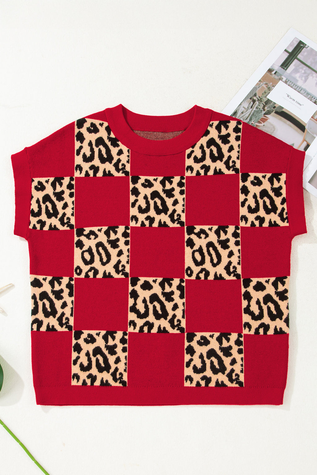 Green leopard checkerboard short sleeve knit sweater by Dear-Lover, featuring a stylish pattern and lightweight viscose blend fabric.