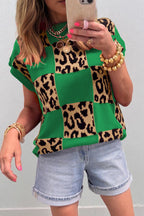 Green leopard checkerboard short sleeve knit sweater from Dear-Lover, featuring a stylish pattern and lightweight viscose blend fabric.