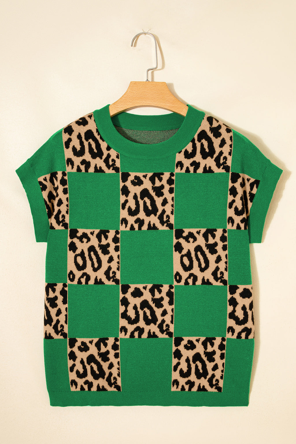 Green leopard checkerboard short sleeve knit sweater by Dear-Lover, showcasing a stylish pattern and comfortable fabric.