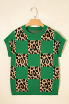 Green leopard checkerboard short sleeve knit sweater by Dear-Lover, showcasing a stylish pattern and comfortable fabric.