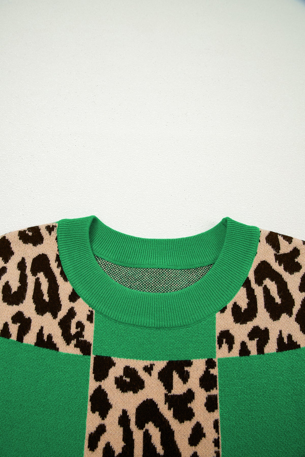 Green leopard checkerboard short sleeve knit sweater by Dear-Lover, featuring a stylish pattern and lightweight viscose blend fabric.