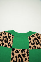 Green leopard checkerboard short sleeve knit sweater from Dear-Lover, featuring a stylish pattern and comfortable viscose-polyester blend.