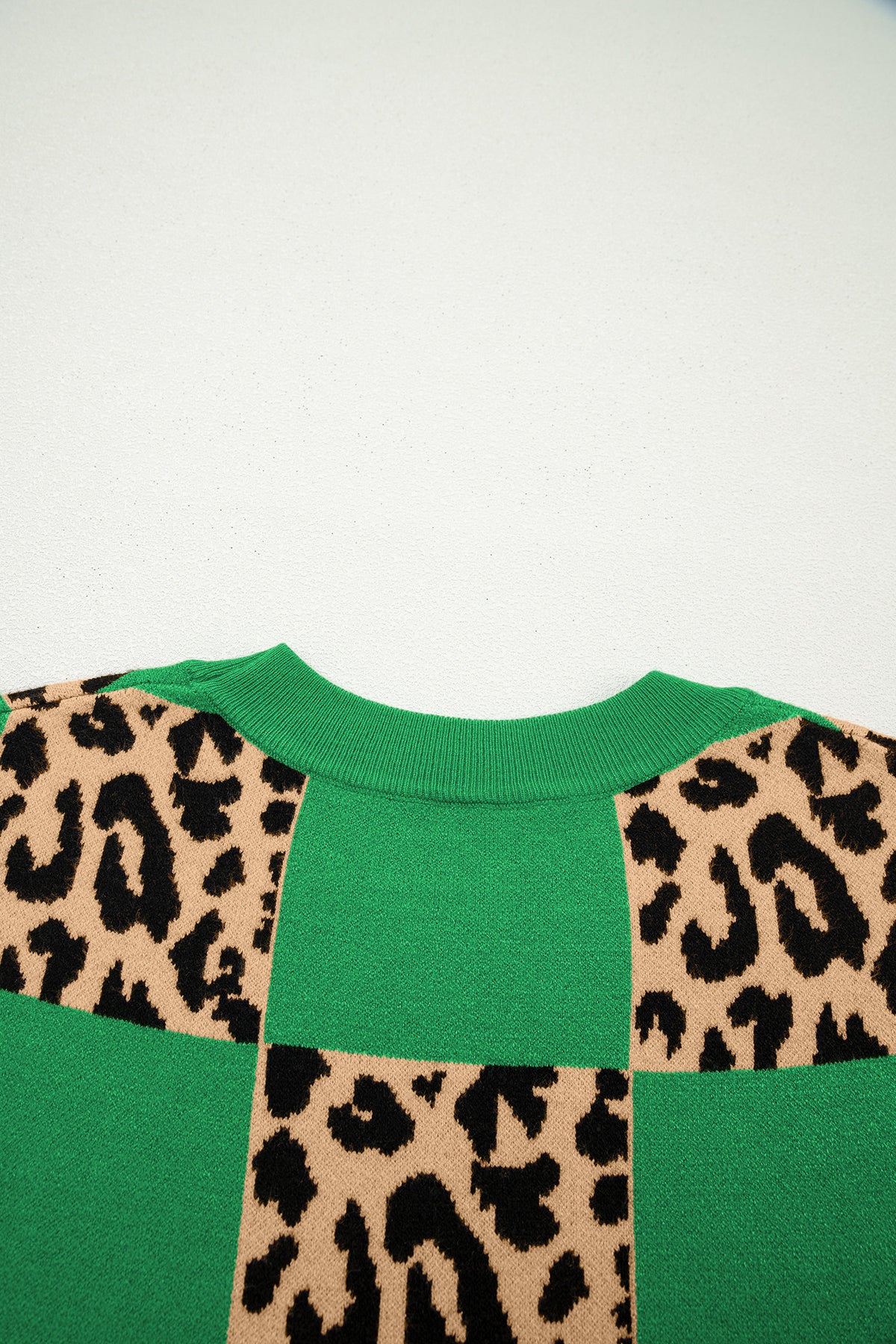 Green leopard checkerboard short sleeve knit sweater from Dear-Lover, featuring a stylish pattern and comfortable viscose-polyester blend.