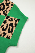 Green Leopard Checkerboard Short Sleeve Knit Sweater from Dear-Lover, featuring a stylish short sleeve design with leopard and checkerboard pattern.