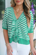 Green stripe short sleeve knit sweater with V-neck and bow knot detail from Dear-Lover, made of cotton and acrylic.