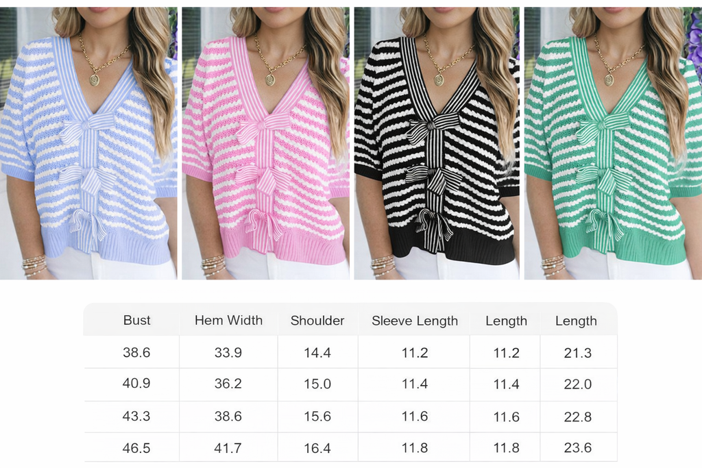 Green stripe short sleeve knit sweater with V-neck and bow knot detail, by Dear-Lover, made from cotton and acrylic.