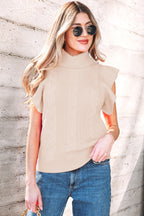 Dear-Lover Jet Stream Cable Knit Turtleneck Sweater with Ruffled Short Sleeves, made of viscose, polyester, and polyamide fabric.