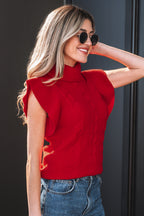 Dear-Lover Jet Stream cable knit turtleneck short sleeve sweater with ruffled accents, made of viscose, polyester, and polyamide.