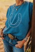 Light blue short sleeve sweater by Dear-Lover with horse shoe embroidery, made of viscose, polyester, and polyamide, loose fit.
