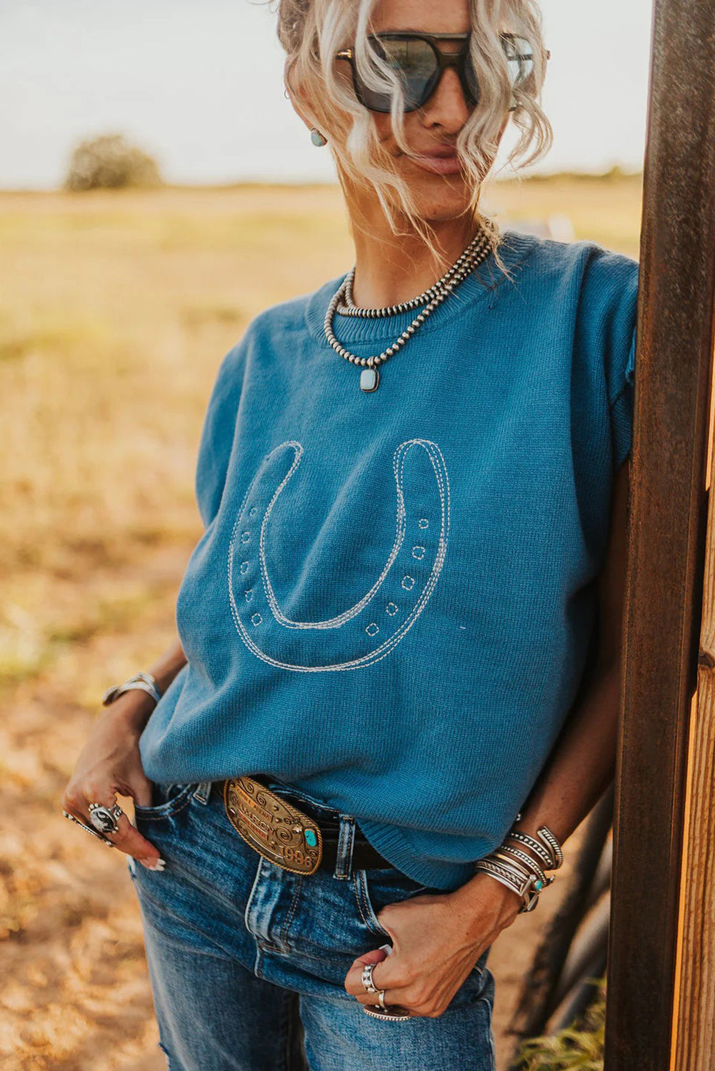 Light blue short sleeve sweater by Dear-Lover with embroidered horse shoe design, made of viscose, polyester, and polyamide.