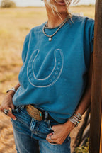 Light blue Dear-Lover short sleeve sweater with horse shoe embroidery, loose fit, made of viscose, polyester, and polyamide.