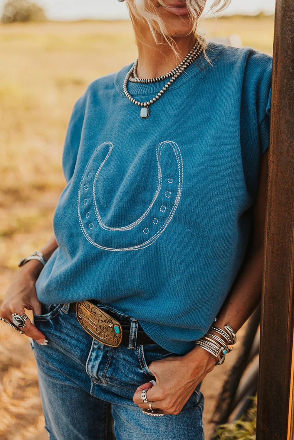 Light blue Dear-Lover short sleeve sweater with horse shoe embroidery, loose fit, made of viscose, polyester, and polyamide.