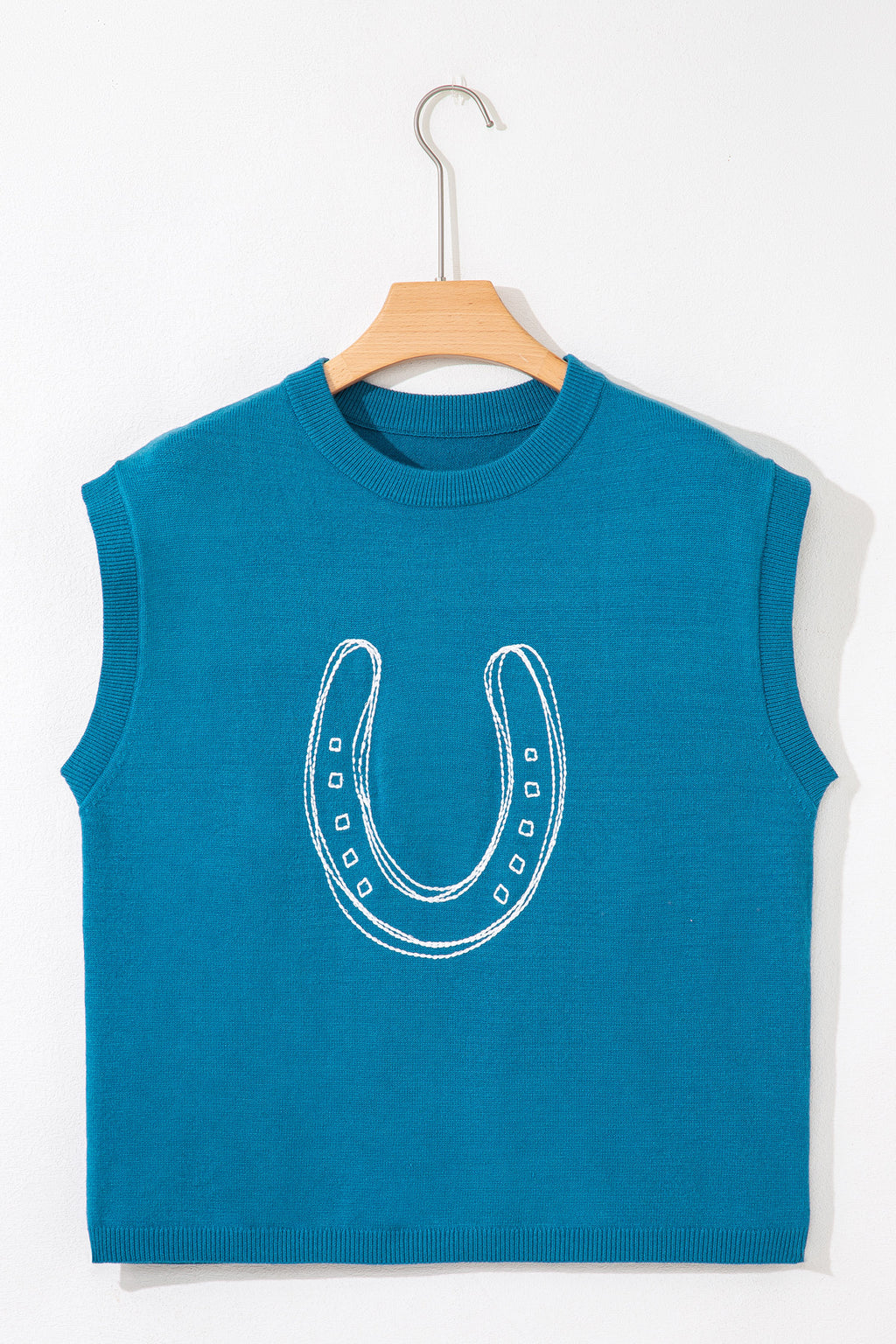 Light blue Dear-Lover short sleeve sweater with embroidered horse shoe design, made of viscose, polyester, and polyamide fabric.