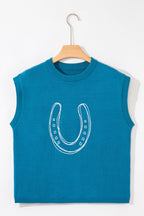 Light blue Dear-Lover short sleeve sweater with embroidered horse shoe design, made of viscose, polyester, and polyamide fabric.