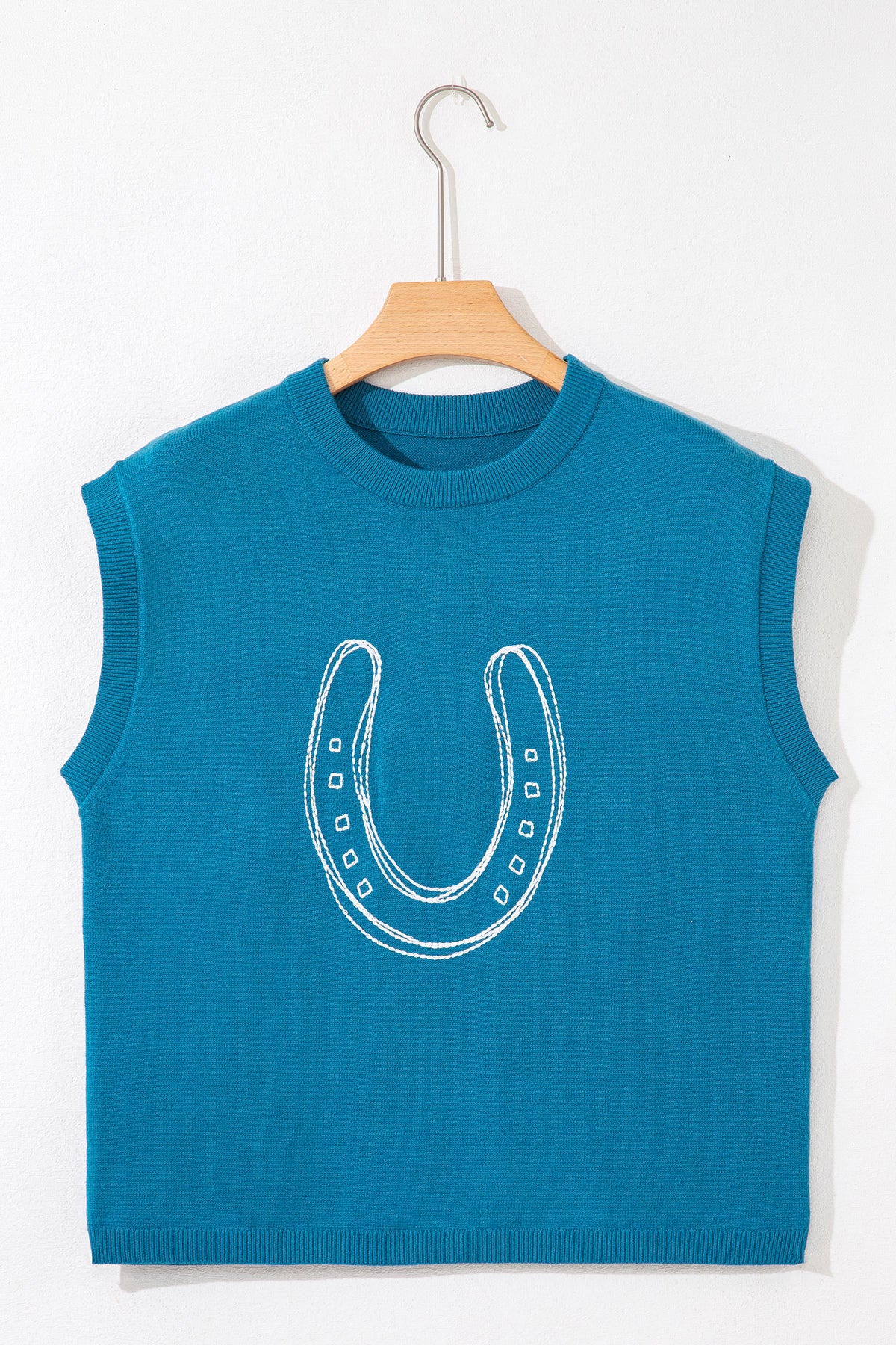 Light blue Dear-Lover short sleeve sweater with embroidered horse shoe design, made of viscose, polyester, and polyamide fabric.