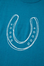 Light blue horse shoe embroidered loose short sleeve sweater from Dear-Lover, made of viscose, polyester, and polyamide.