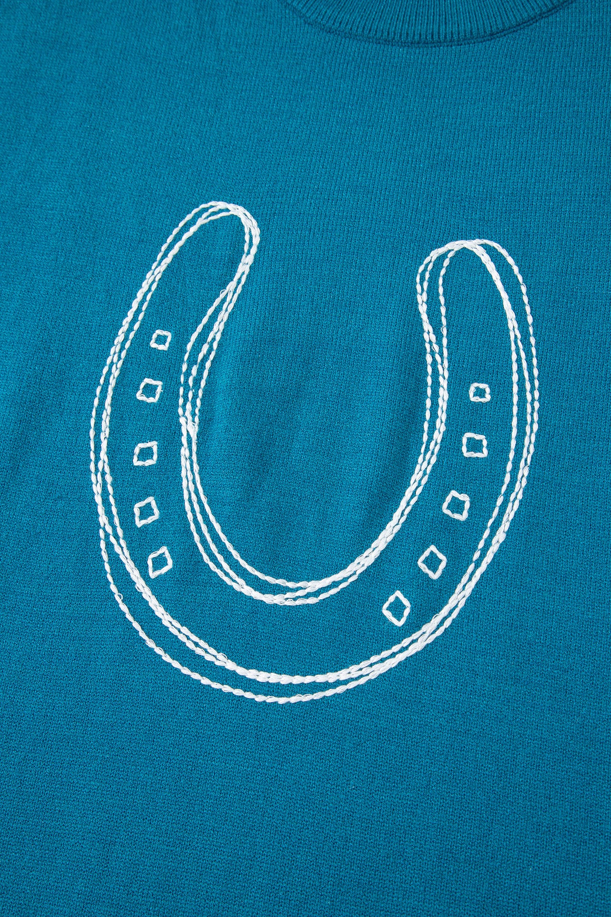 Light blue horse shoe embroidered loose short sleeve sweater from Dear-Lover, made of viscose, polyester, and polyamide.