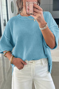 Mist Blue Dear-Lover short sleeve sweater with exposed seam detail, loose fit, made of cotton and acrylic fabric.