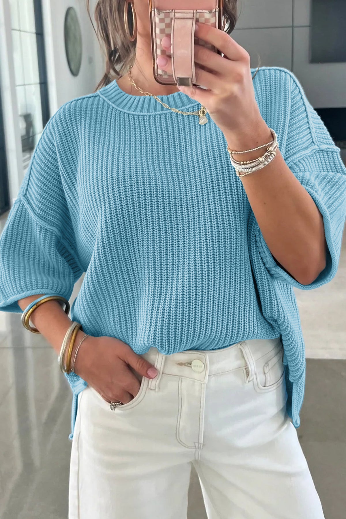 Mist Blue Dear-Lover short sleeve sweater with exposed seam detail, loose fit, made of cotton and acrylic fabric.