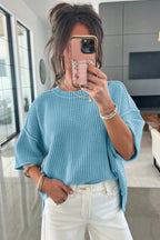 Mist blue Dear-Lover short sleeve sweater with exposed seam detail, loose fit, made of cotton and acrylic blend, perfect for casual wear.