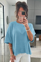 Mist blue Dear-Lover loose half-sleeve sweater with exposed seam detail, made of cotton and acrylic blend, casual and comfortable.