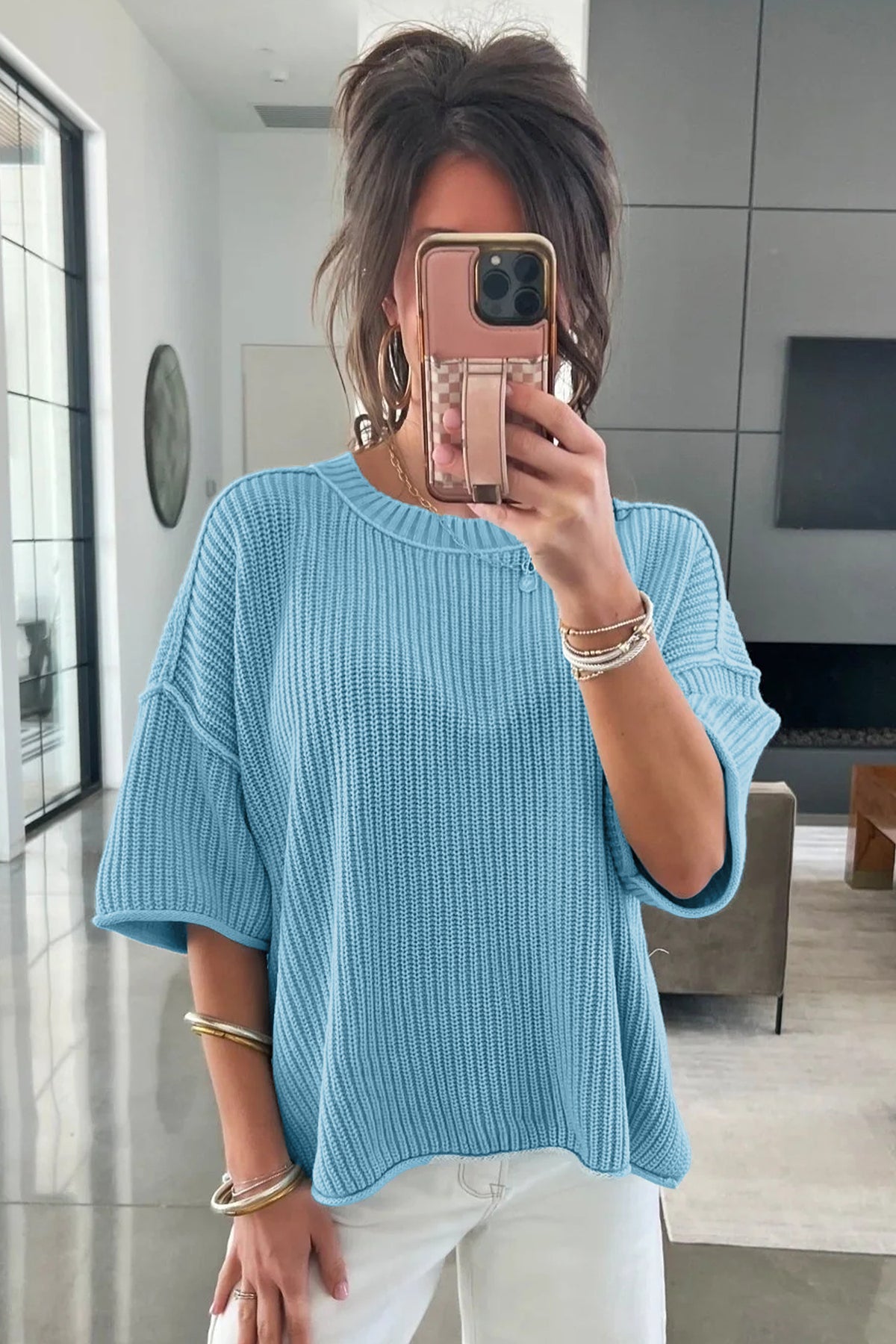 Mist blue Dear-Lover loose half-sleeve sweater with exposed seam detail, made of cotton and acrylic blend, casual and comfortable.