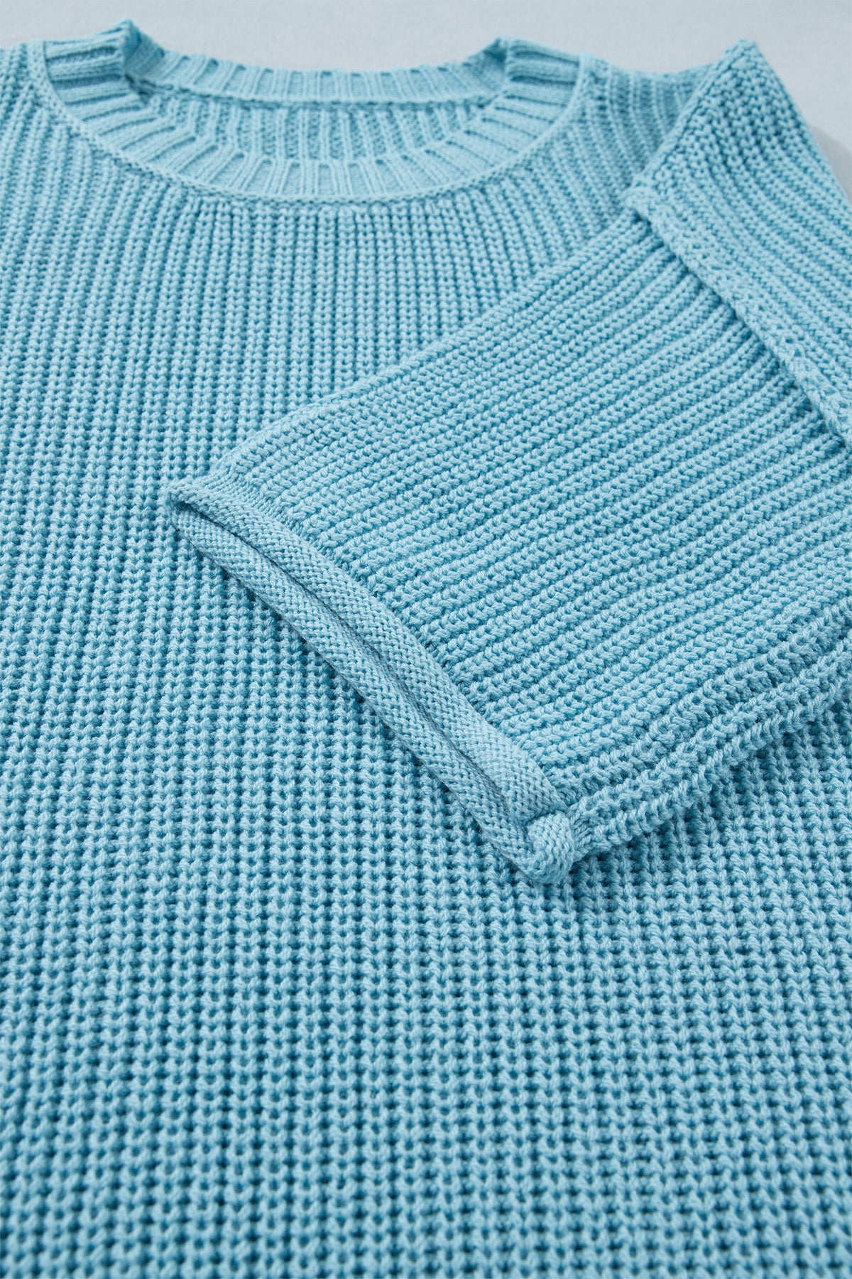 Mist blue Dear-Lover half sleeve sweater with exposed seam detail, loose fit, made of cotton and acrylic, perfect for casual wear.