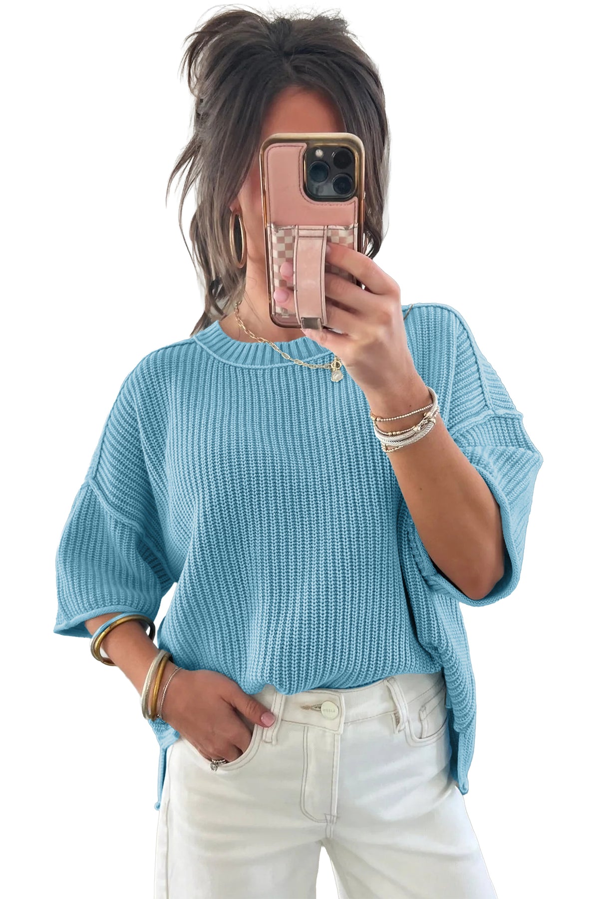 Mist blue Dear-Lover short sleeve sweater with exposed seam detail, loose fit, made of cotton and acrylic, perfect for casual wear.