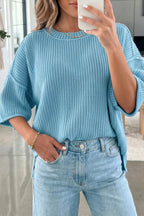 Mist blue Dear-Lover short sleeve sweater with exposed seam detail, loose fit, made of cotton and acrylic, perfect for casual wear.