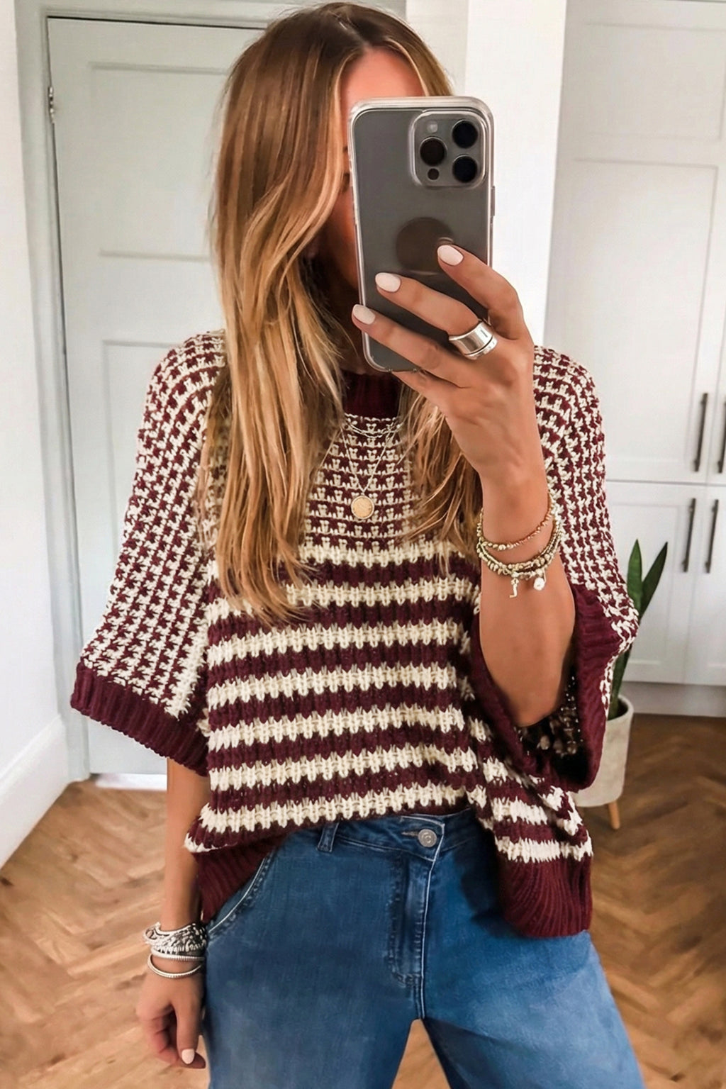 Red Dear-Lover 3/4 draped sleeve slouchy sweater with stripes, made of 100% acrylic, featuring a relaxed fit and casual style.