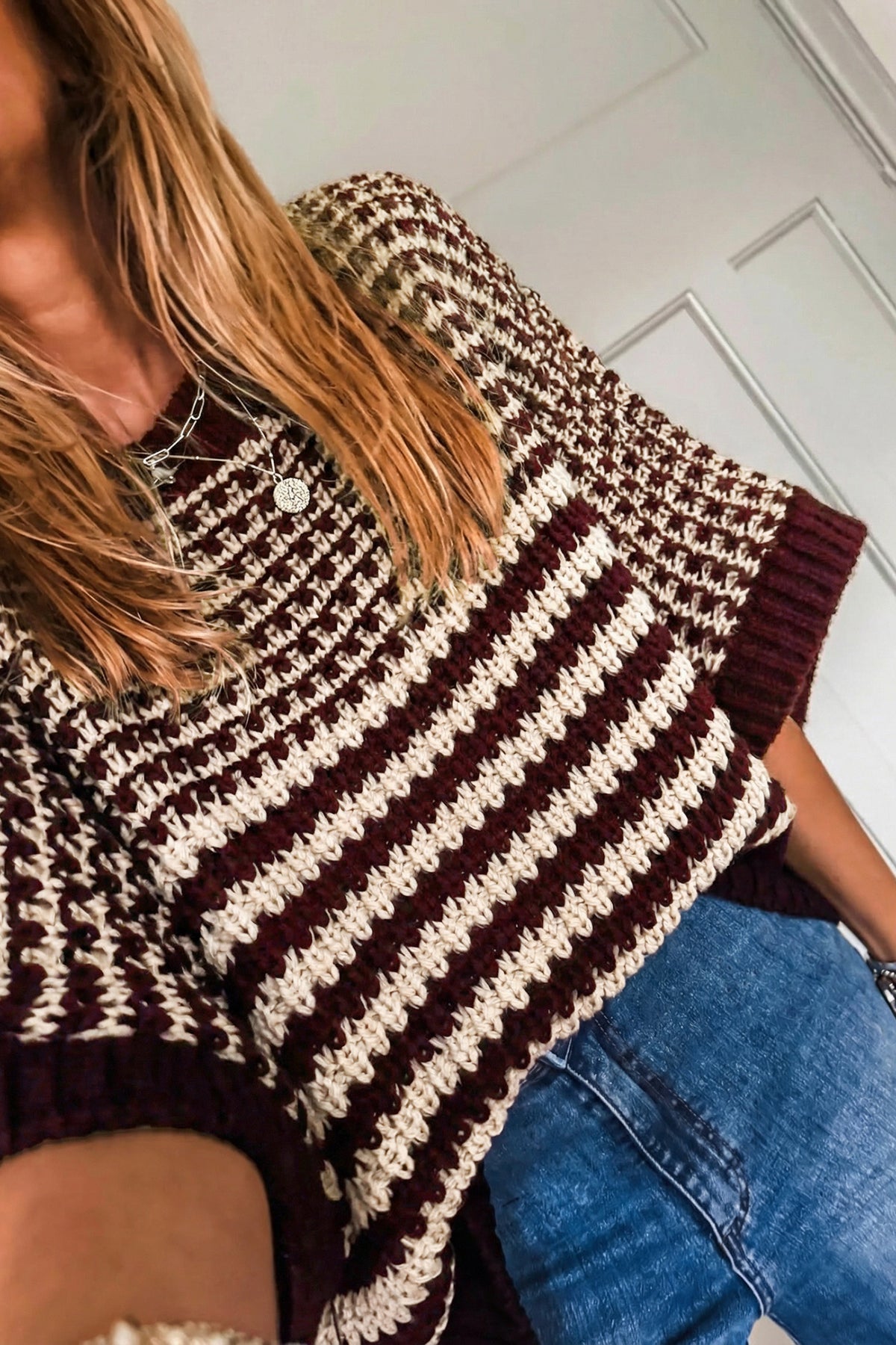 Red 3/4 draped sleeve slouchy sweater by Dear-Lover Dropshipping, featuring a relaxed fit and stripe pattern in soft acrylic fabric.