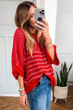Red Dear-Lover 3/4 draped sleeve slouchy sweater with stripe design, made of 100% acrylic, styled with relaxed fit and casual look.