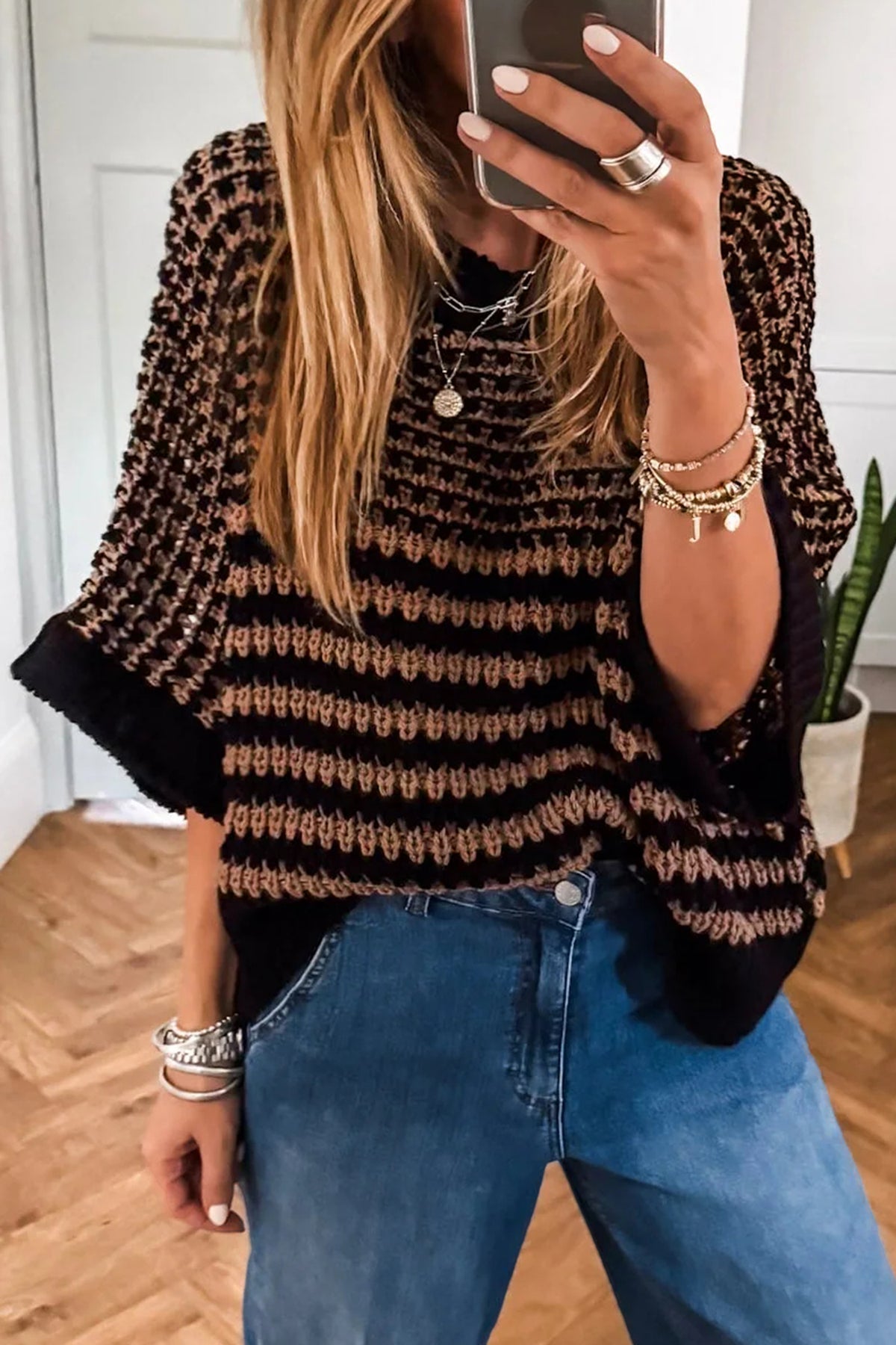 Red 3/4 draped sleeve slouchy sweater by Dear-Lover Dropshipping, featuring a relaxed fit and stylish stripe design.