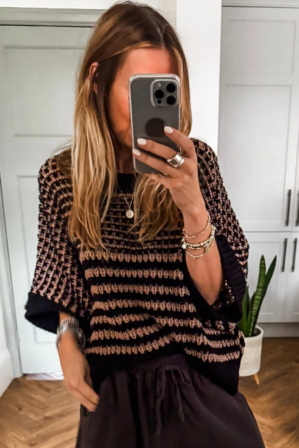 Red 3/4 draped sleeve slouchy sweater by Dear-Lover, featuring a relaxed fit and stripe pattern in soft acrylic fabric.