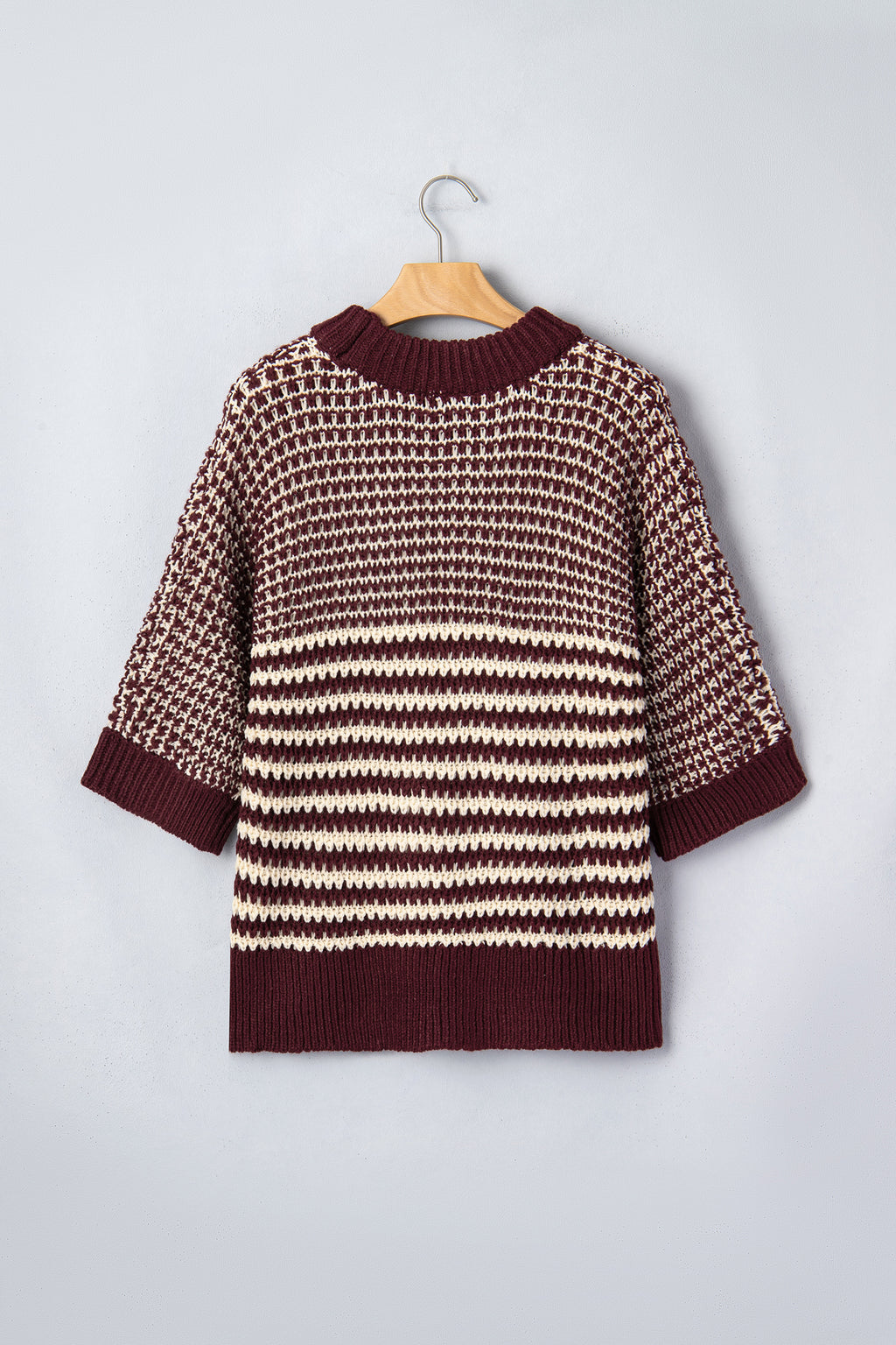 Red 3/4 draped sleeve slouchy sweater by Dear-Lover with a cozy, relaxed fit and striped design, made of 100% acrylic.