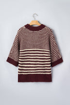 Red 3/4 draped sleeve slouchy sweater by Dear-Lover with a cozy, relaxed fit and striped design, made of 100% acrylic.