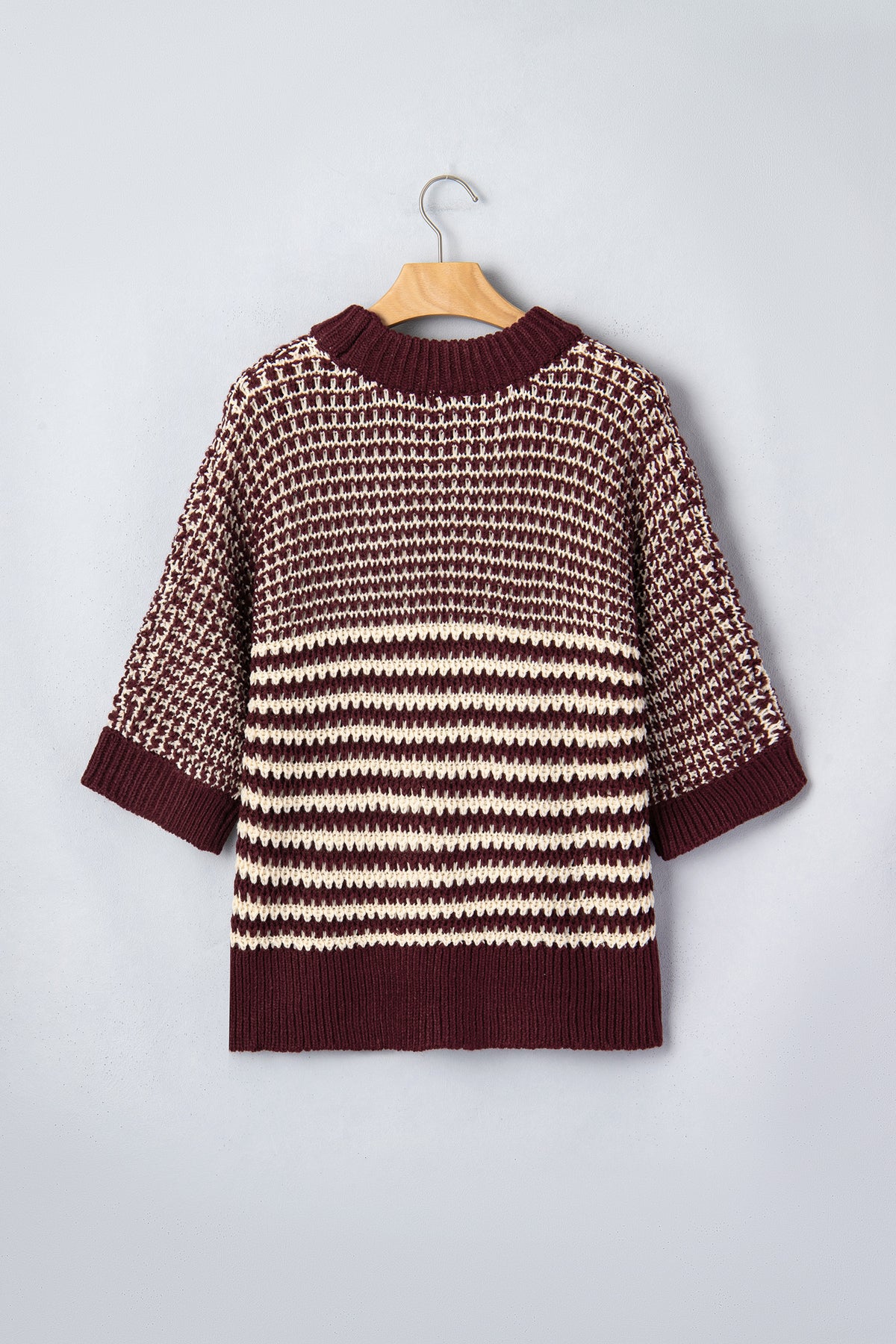 Red 3/4 draped sleeve slouchy sweater by Dear-Lover with a cozy, relaxed fit and striped design, made of 100% acrylic.