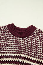 Red 3/4 draped sleeve slouchy sweater from Dear-Lover with a relaxed fit and stripe design, made of soft acrylic fabric.