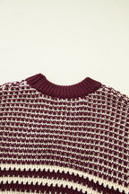 Red 3/4 draped sleeve slouchy sweater from Dear-Lover, featuring a relaxed fit and striped design, made of soft acrylic fabric.