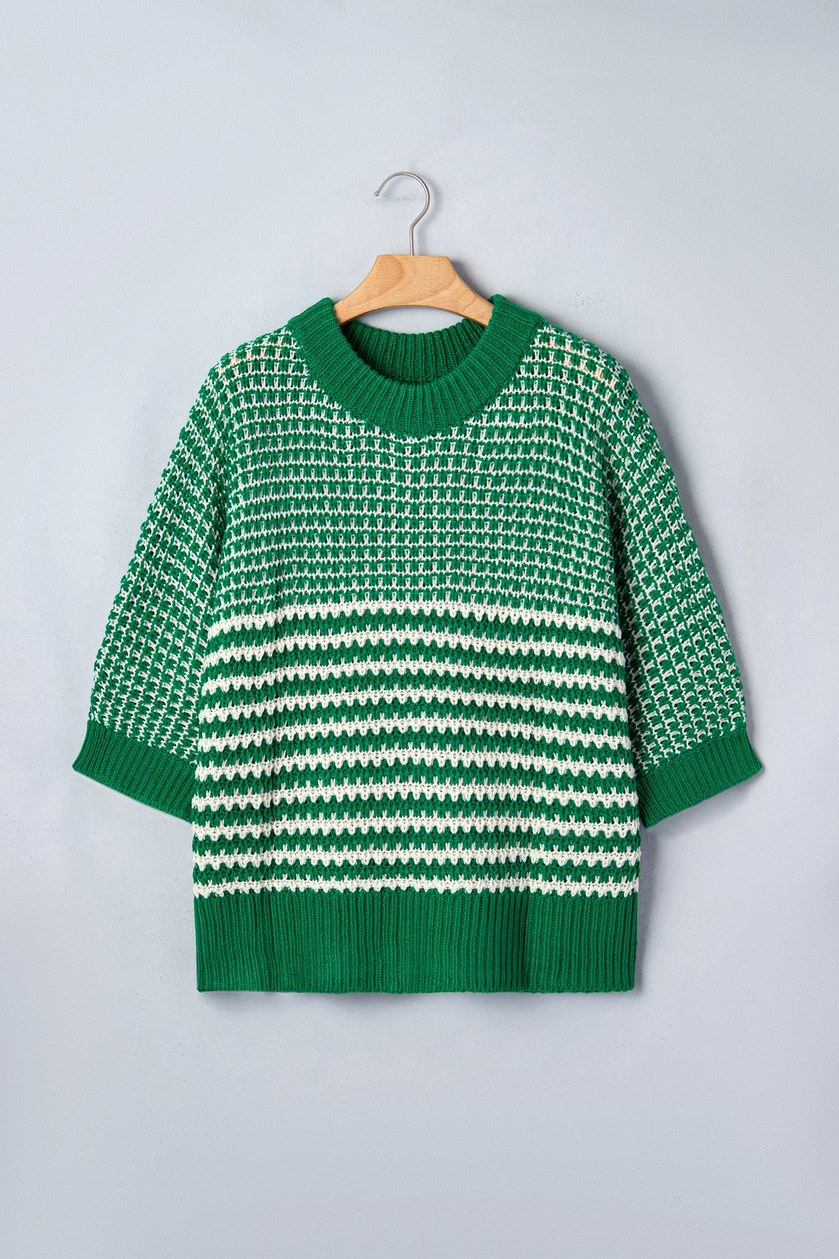 Red Dear-Lover 3/4 draped sleeve slouchy sweater with stripe pattern, made of 100% acrylic, casual and cozy for everyday wear.
