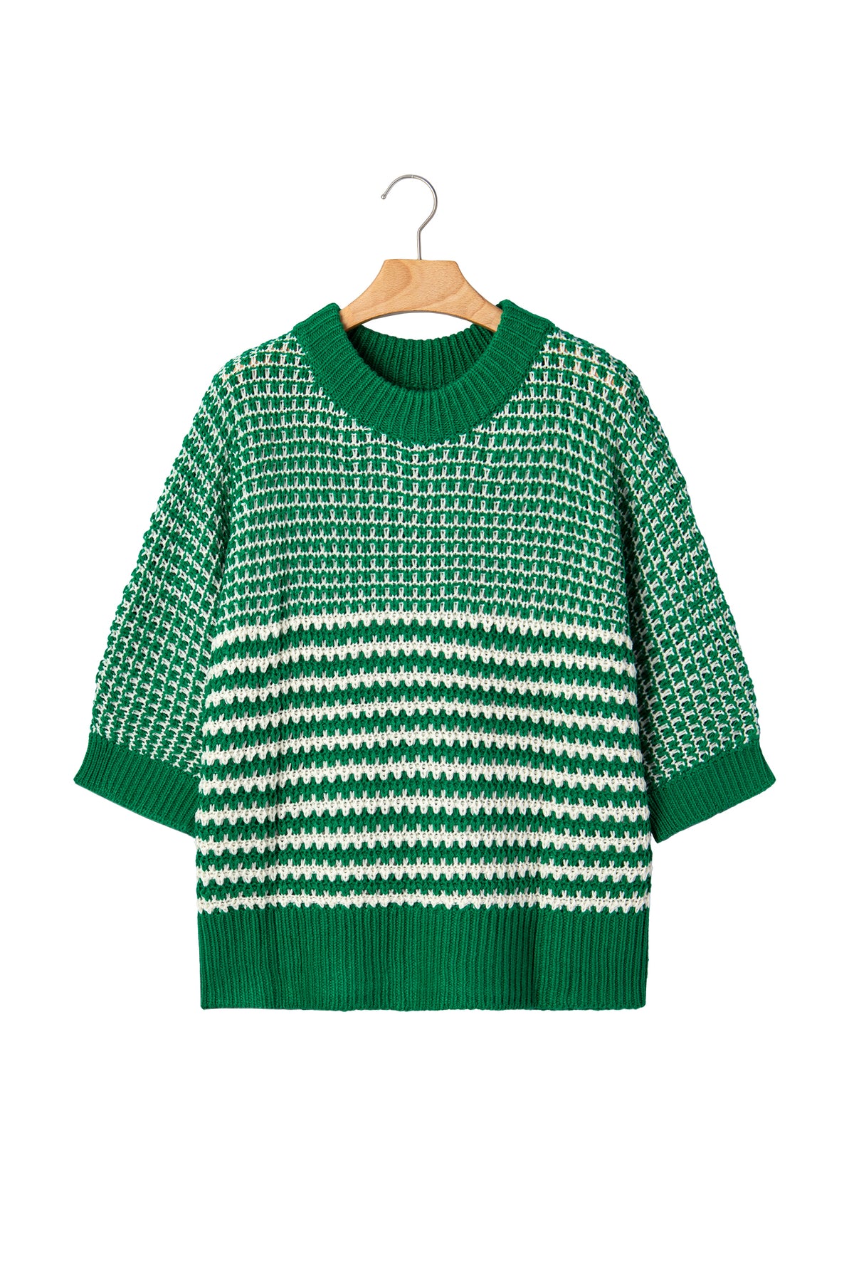 Red 3/4 draped sleeve slouchy sweater by Dear-Lover, featuring a cozy, relaxed fit with stylish short sleeves and a striped pattern.